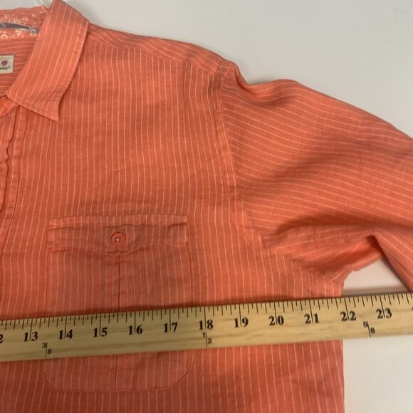Pauawa Shirt Womens Large Linen Button Down Striped Floral Coastal Beachy Coral - Picture 9 of 11